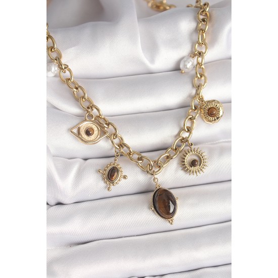 316L Çelik Gold Renk Kaplan Göz Taşlı Göz Figür Kadın Kolye - TJ-BKO9910