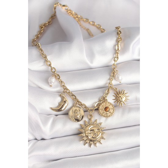 316L Çelik Gold Renk Ay Güneş Model İnci Detay Kadın Kadın Kolye - TJ-BKO9911