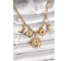 316L Çelik Gold Renk Ay Güneş Model İnci Detay Kadın Kadın Kolye - TJ-BKO9911