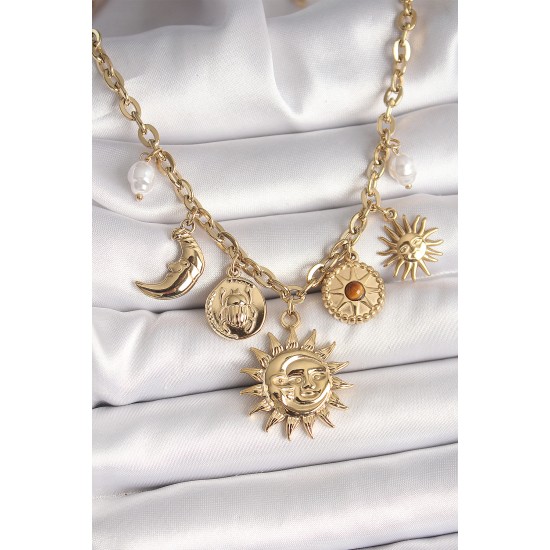 316L Çelik Gold Renk Ay Güneş Model İnci Detay Kadın Kadın Kolye - TJ-BKO9911
