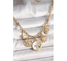 316L Çelik Gold Renk Beyaz Mineli Gün Batımı Figür Yıldız Güneş Detay Kadın Kolye - TJ-BKO9912