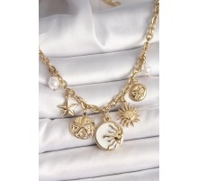 316L Çelik Gold Renk Beyaz Mineli Gün Batımı Figür Yıldız Güneş Detay Kadın Kolye - TJ-BKO9912