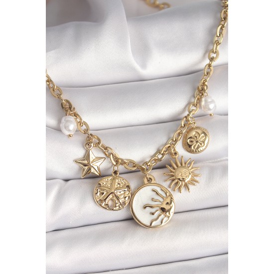 316L Çelik Gold Renk Beyaz Mineli Gün Batımı Figür Yıldız Güneş Detay Kadın Kolye - TJ-BKO9912