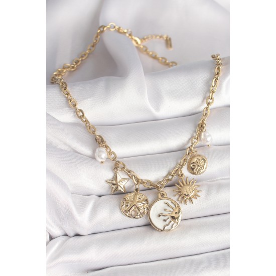 316L Çelik Gold Renk Beyaz Mineli Gün Batımı Figür Yıldız Güneş Detay Kadın Kolye - TJ-BKO9912