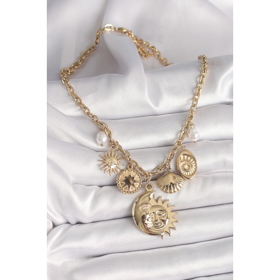 316L Çelik Gold Renk Ay Güneş Figür Deniz Kabuğu Detay Kadın Kolye - TJ-BKO9913