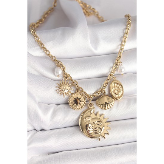 316L Çelik Gold Renk Ay Güneş Figür Deniz Kabuğu Detay Kadın Kolye - TJ-BKO9913