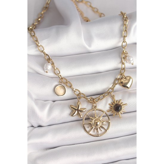 316L Çelik Gold Renk Güneş Model Siyah Mineli Güneş Detay Kadın Kolye - TJ-BKO9914