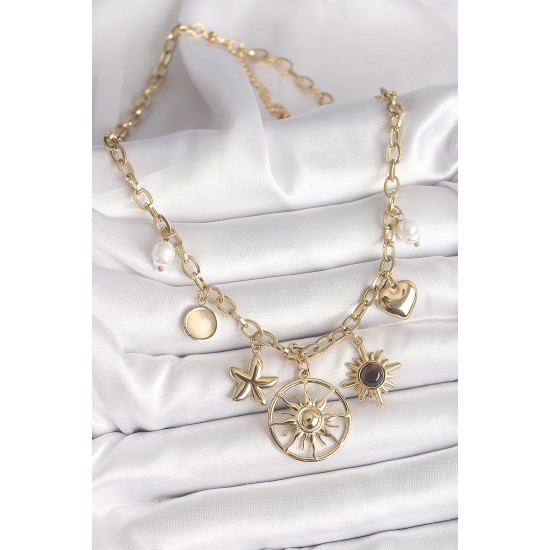 316L Çelik Gold Renk Güneş Model Siyah Mineli Güneş Detay Kadın Kolye - TJ-BKO9914