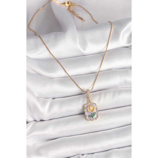 316L Çelik Gold Renk Zirkon Taşlı Mor Papatya İşlemeli Portre Model Kadın Kolye - TJ-BKO9915
