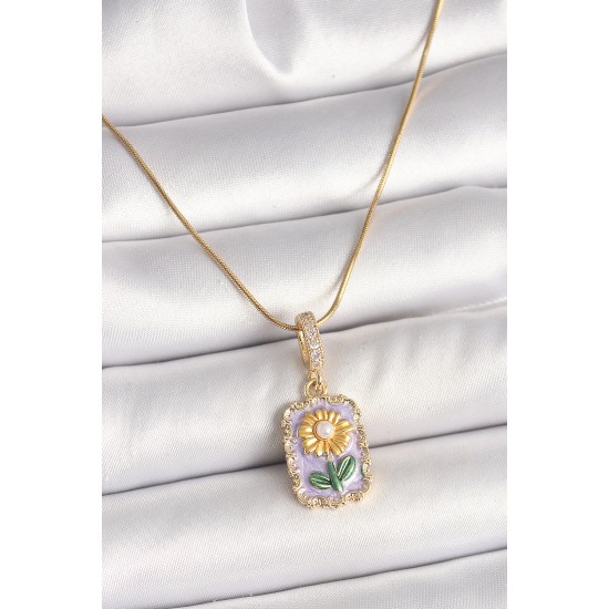 316L Çelik Gold Renk Zirkon Taşlı Mor Papatya İşlemeli Portre Model Kadın Kolye - TJ-BKO9915