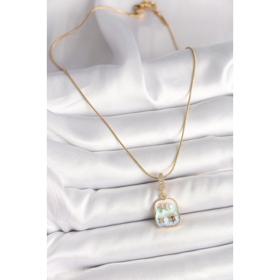 316L Çelik Gold Renk Zirkon Taşlı Mavi Deniz Kabuğu Yıldızı İşlemeli Portre Model Kadın Kolye - TJ-BKO9916