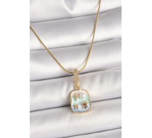 316L Çelik Gold Renk Zirkon Taşlı Mavi Deniz Kabuğu Yıldızı İşlemeli Portre Model Kadın Kolye - TJ-BKO9916