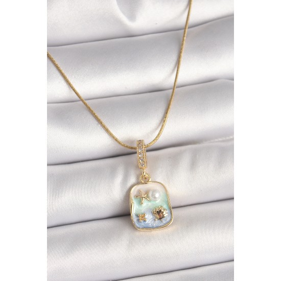 316L Çelik Gold Renk Zirkon Taşlı Mavi Deniz Kabuğu Yıldızı İşlemeli Portre Model Kadın Kolye - TJ-BKO9916