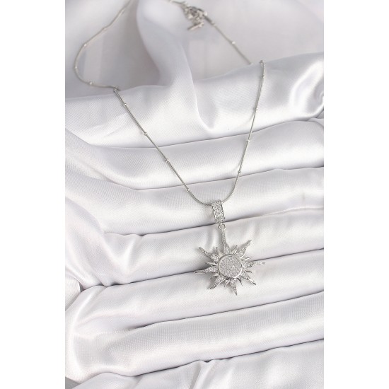 316L Çelik Gümüş Renk Zirkon Taşlı Sallantı Güneş Model Topçuk Zincir Kadın Kolye - TJ-BKO9917