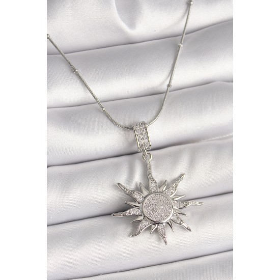 316L Çelik Gümüş Renk Zirkon Taşlı Sallantı Güneş Model Topçuk Zincir Kadın Kolye - TJ-BKO9917