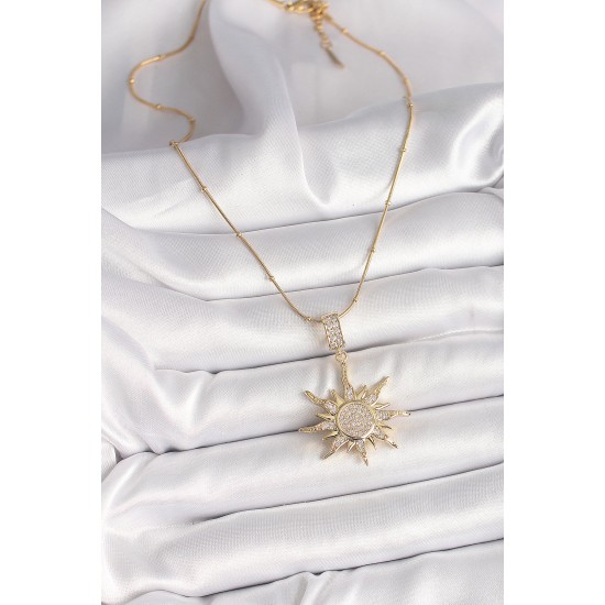 316L Çelik Gold Renk Zirkon Taşlı Sallantı Güneş Model Topçuk Detay Kadın Kolye - TJ-BKO9918