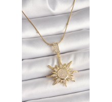 316L Çelik Gold Renk Zirkon Taşlı Sallantı Güneş Model Topçuk Detay Kadın Kolye - TJ-BKO9918