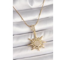 316L Çelik Gold Renk Zirkon Taşlı Sallantı Güneş Model Topçuk Detay Kadın Kolye - TJ-BKO9918