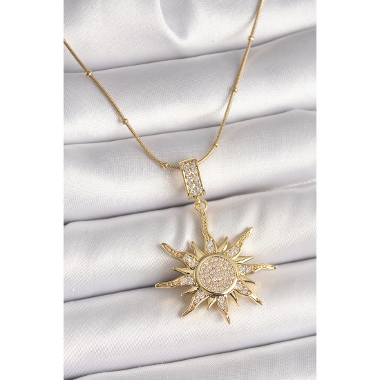 316L Çelik Gold Renk Zirkon Taşlı Sallantı Güneş Model Topçuk Detay Kadın Kolye - TJ-BKO9918