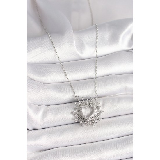 316L Çelik Gümüş Renk Zirkon Taşlı Kalp Model Kadın Kolye - TJ-BKO9919