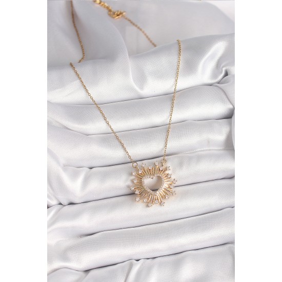 316L Çelik Gold Renk Zirkon Taşlı Kalp Model Kadın Kolye - TJ-BKO9920