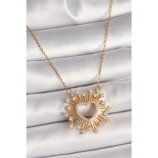 316L Çelik Gold Renk Zirkon Taşlı Kalp Model Kadın Kolye - TJ-BKO9920