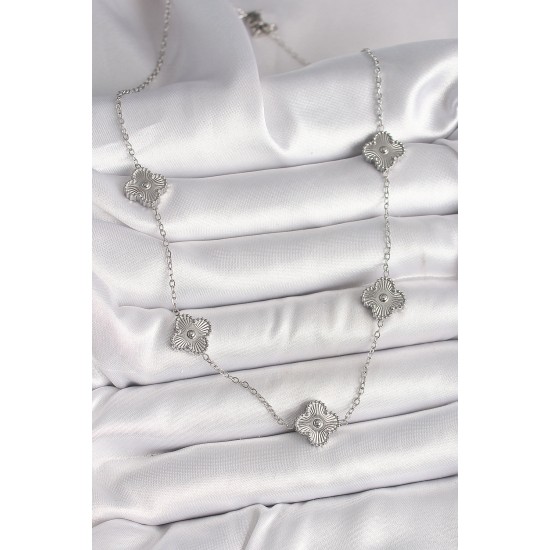 316L Çelik Gümüş Renk Zincir İşlemeli Yonca Model Kadın Kolye - TJ-BKO9923