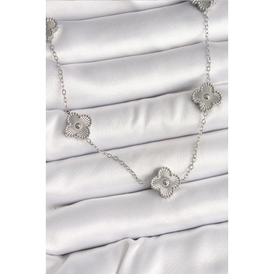 316L Çelik Gümüş Renk Zincir İşlemeli Yonca Model Kadın Kolye - TJ-BKO9923