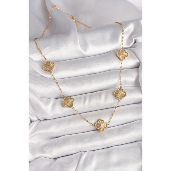 316L Çelik Gold Renk Zincir İşlemeli Yonca Model Kadın Kolye - TJ-BKO9924