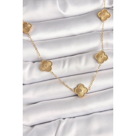 316L Çelik Gold Renk Zincir İşlemeli Yonca Model Kadın Kolye - TJ-BKO9924