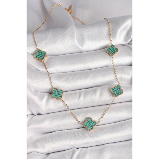 316L Çelik Gold Renk Zincir Yeşil Yonca Model Kadın Kolye - TJ-BKO9925