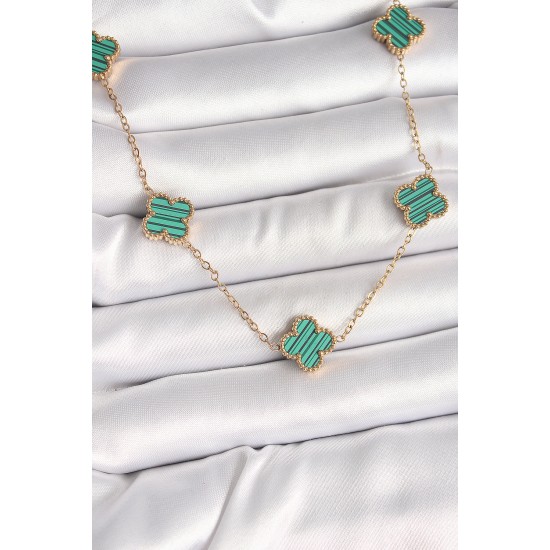 316L Çelik Gold Renk Zincir Yeşil Yonca Model Kadın Kolye - TJ-BKO9925