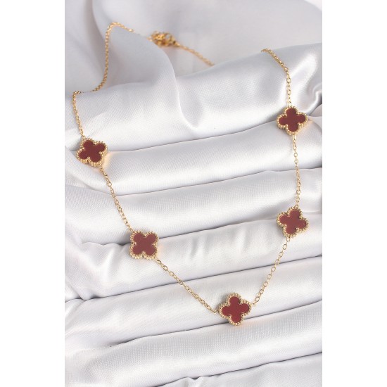 316L Çelik Gold Renk Zincir Bordo Yonca Model Kadın Kolye - TJ-BKO9926