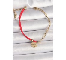 316L Çelik Gold Renk Zincir Kırmızı İp Model Sallantı Yonca Figür Kadın Bileklik - TJ-BB6867