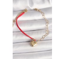 316L Çelik Gold Renk Zincir Kırmızı İp Model Sallantı Kalp Figür İşleme Detaylı Kadın Bileklik - TJ-BB6868