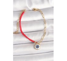 316L Çelik Gold Renk Zincir Kırmızı İp Model Sallantı Nazar Boncuk Figür Kadın Bileklik - TJ-BB6870