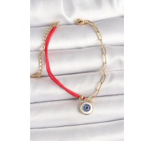 316L Çelik Gold Renk Zincir Kırmızı İp Model Sallantı Nazar Boncuk Figür Kadın Bileklik - TJ-BB6870