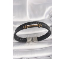 316L Çelik Gümüş Renk Aksesuarlı Çift Sıra Siyah Burgu Desen Deri Kordon Erkek Bileklik - TJ-EB3704