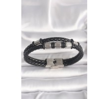 316L Çelik Gümüş Renk Aksesuarlı Siyah Burgu Deri Kordon Model Erkek Bileklik - TJ-EB3702