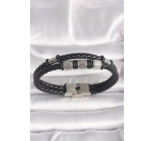 316L Çelik Gümüş Renk Aksesuarlı Siyah Burgu Deri Kordon Model Erkek Bileklik - TJ-EB3702