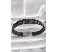 316L Çelik Gold Renk Kanat Aksesuarlı Siyah Burgu Model Deri Kordon Erkek Bileklik - TJ-EB3703