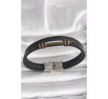 316L Çelik Gold Renk ZikZak İşlemeli Aksesuarlı Çift Sıra Burgu Desenli Deri Kordon Erkek Bileklik - TJ-EB3705