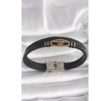 316L Çelik Gold Renk Gemi Dümen Figür Siyah Renk Çift Sıra Burgu Desenli Deri Kordon Erkek Bileklik - TJ-EB3706