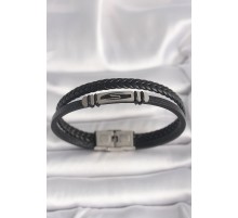 316L Çelik Gümüş Renk Aksesuarlı Çift Sıra Siyah Burgu Desenli Deri Kordon Erkek Bileklik - TJ-EB3707