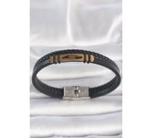 316L Çelik Gold Renk Aksesuarlı Çift Sıra Siyah Burgu Desenli Deri Kordon Erkek Bileklik - TJ-EB3708