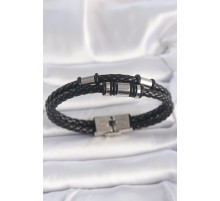 316L Çelik Gümüş Renk Aksesuarlu Çift Sıra Siyah Burgu Desenli Deri Kordon Erkek Bileklik - TJ-EB3709