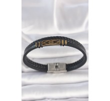 316L Çelik Gold Renk Aksesuarlı Çift Sıra Siyah Burgu Desenli Deri Kordon Erkek Bileklik - TJ-EB3710
