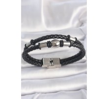 316L Çelik Gümüş Renk Aksesuarlı Çift Sıra Burgu Desenli Deri Kordon Erkek Bileklik - TJ-EB3712