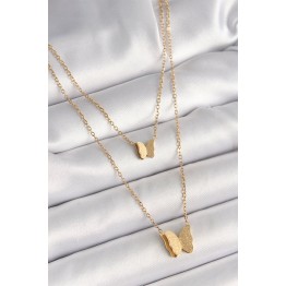 316L Çelik Gold Renk 2'Li Simli Kelebek Model Kadın Kolye TJ-BKO9928