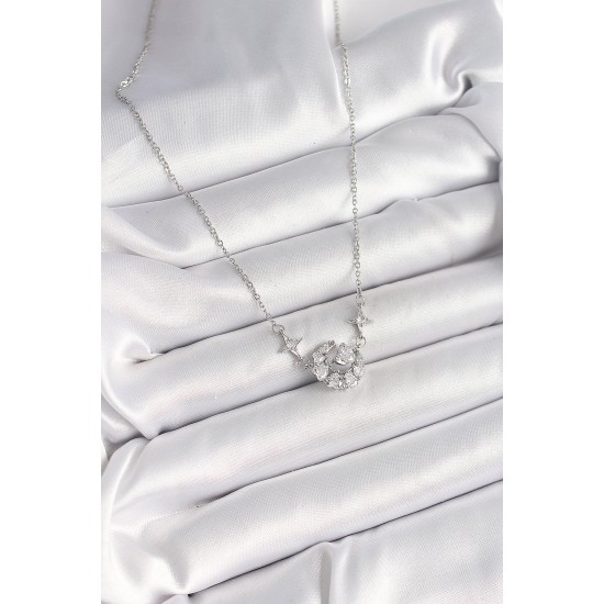 316L Çelik Gümüş Renk Zirkon Taşlı Hilal Kalp Model Kadın Kolye - TJ-BKO9929